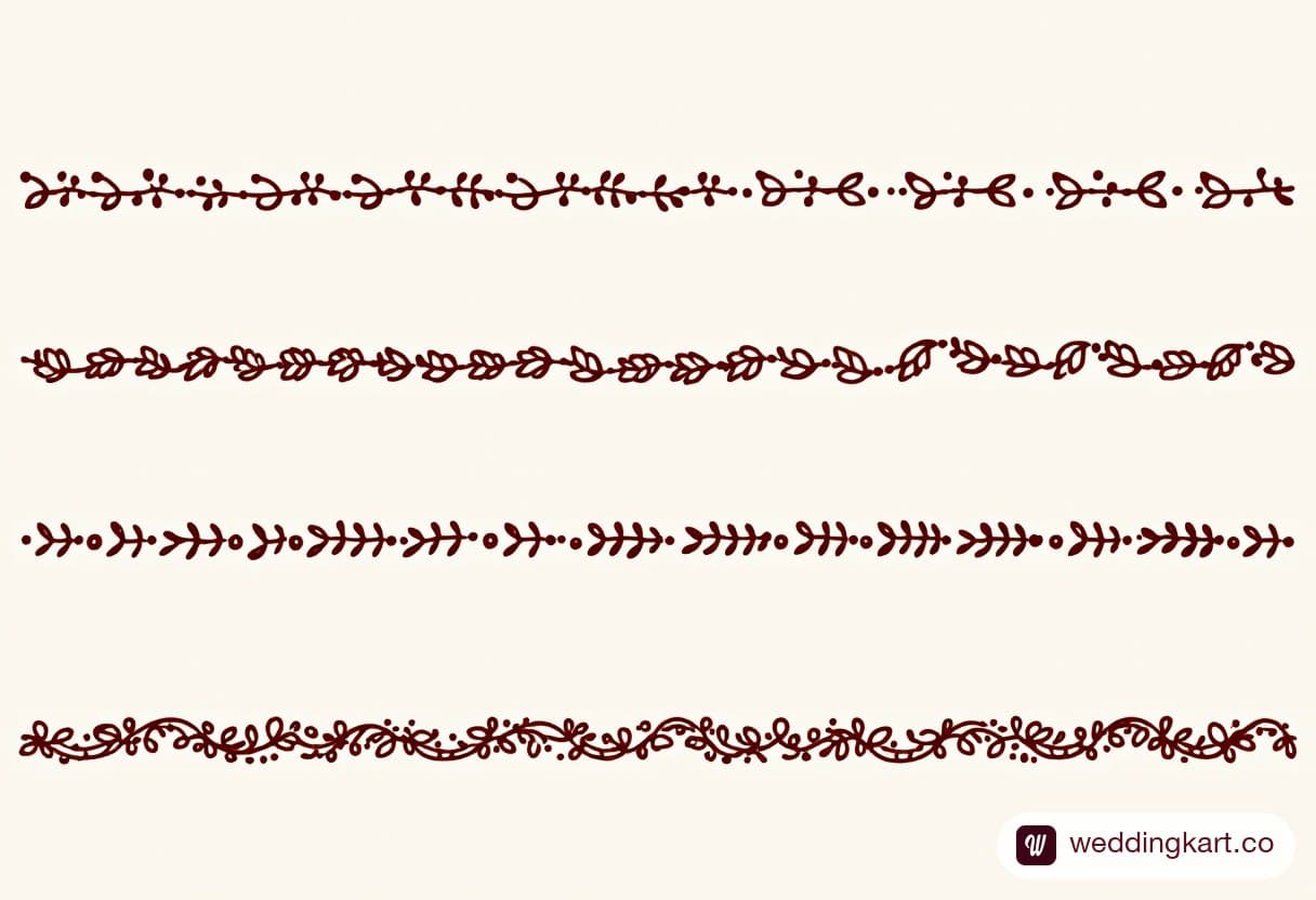 Printable mehndi pattern sheet with four slim border strips: dotted vine, leaf chain, wave line and flower chain