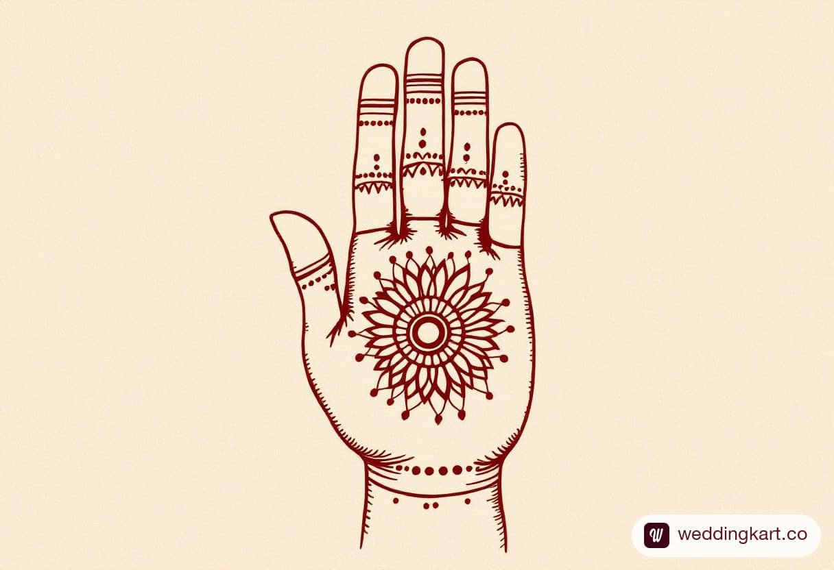 Traditional simple mehndi design: small round tikki circle in the palm centre with plain fingertip caps