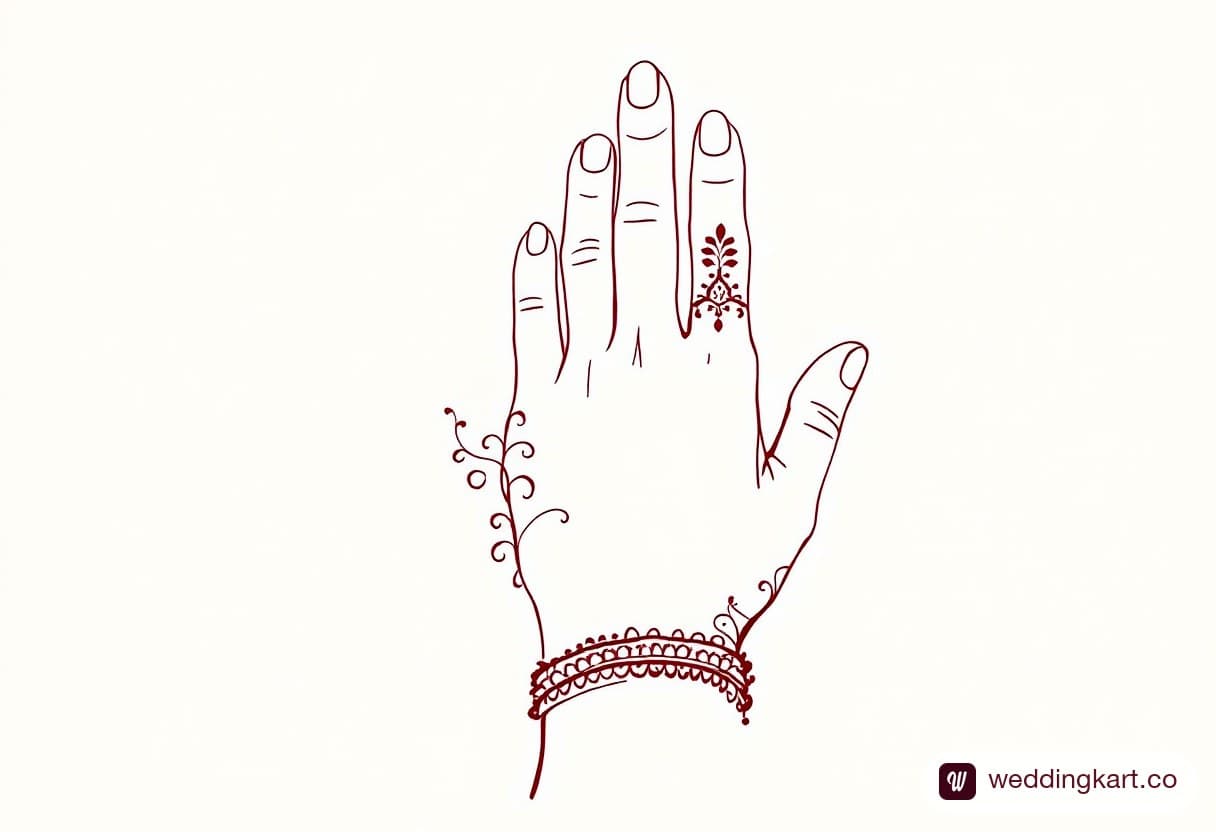 Simple mehndi design photo: one ornamental henna band at the wrist and a decorated ring finger