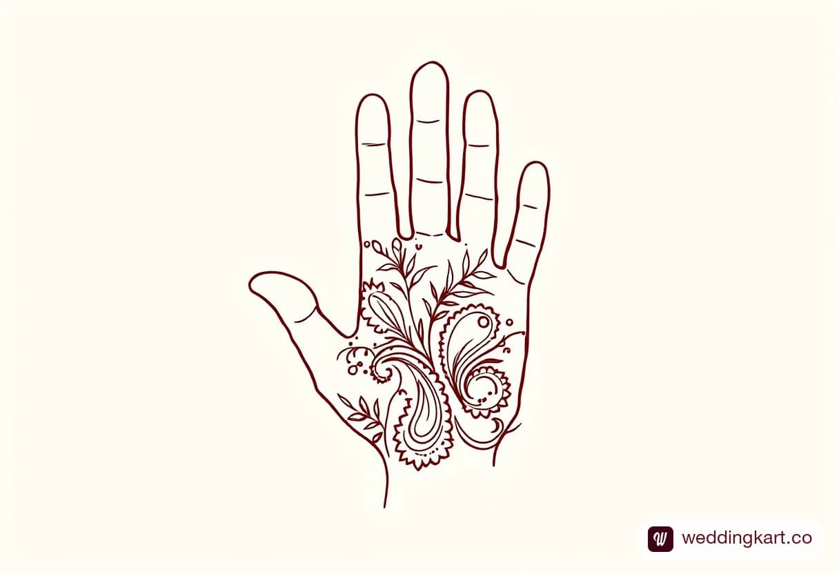 Easy mehndi design: two simple paisley motifs joined by a short vine on the back of the hand