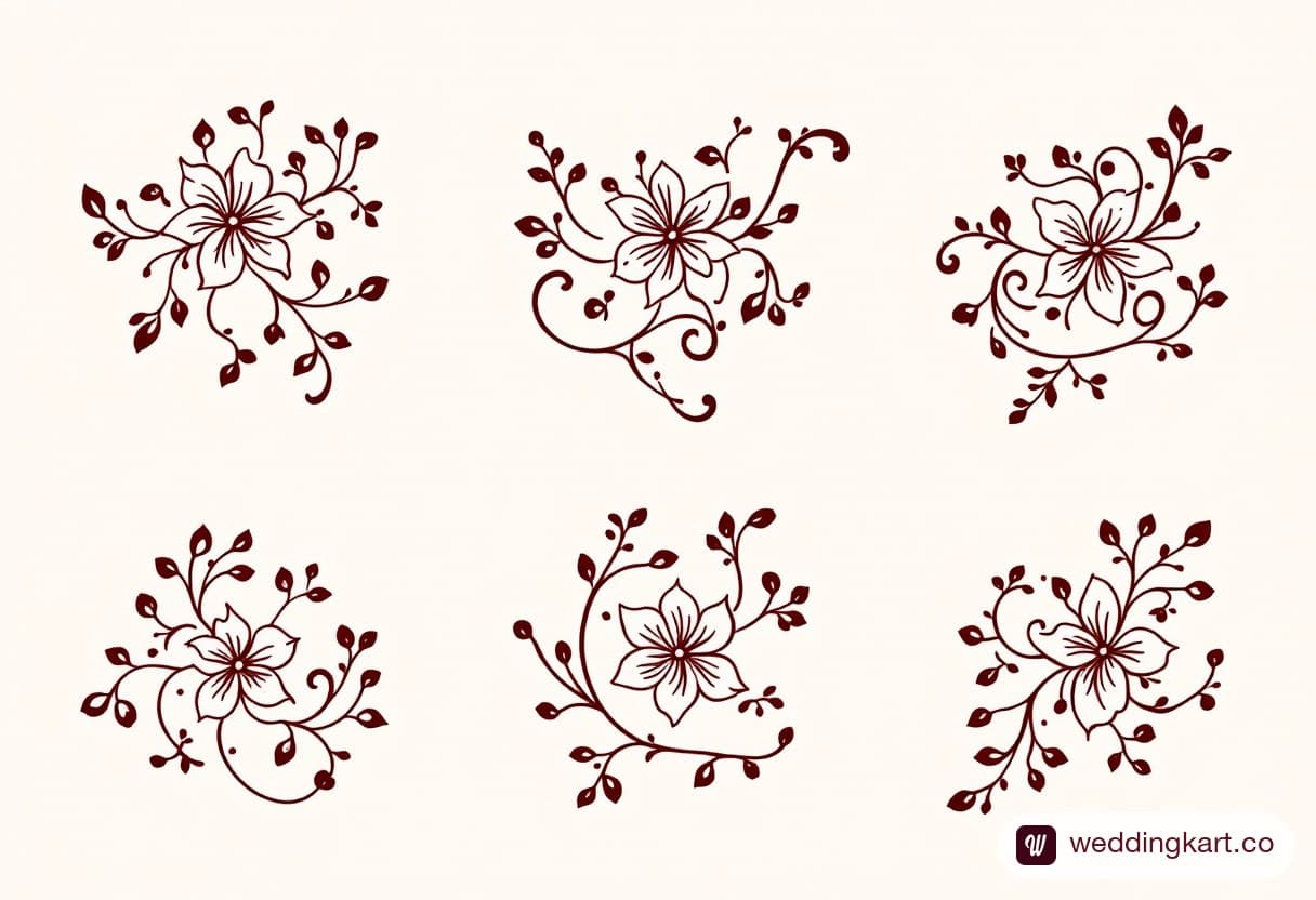 Printable mehndi motif sheet: six simple flower chains with five-petal flowers, buds and curling tendrils