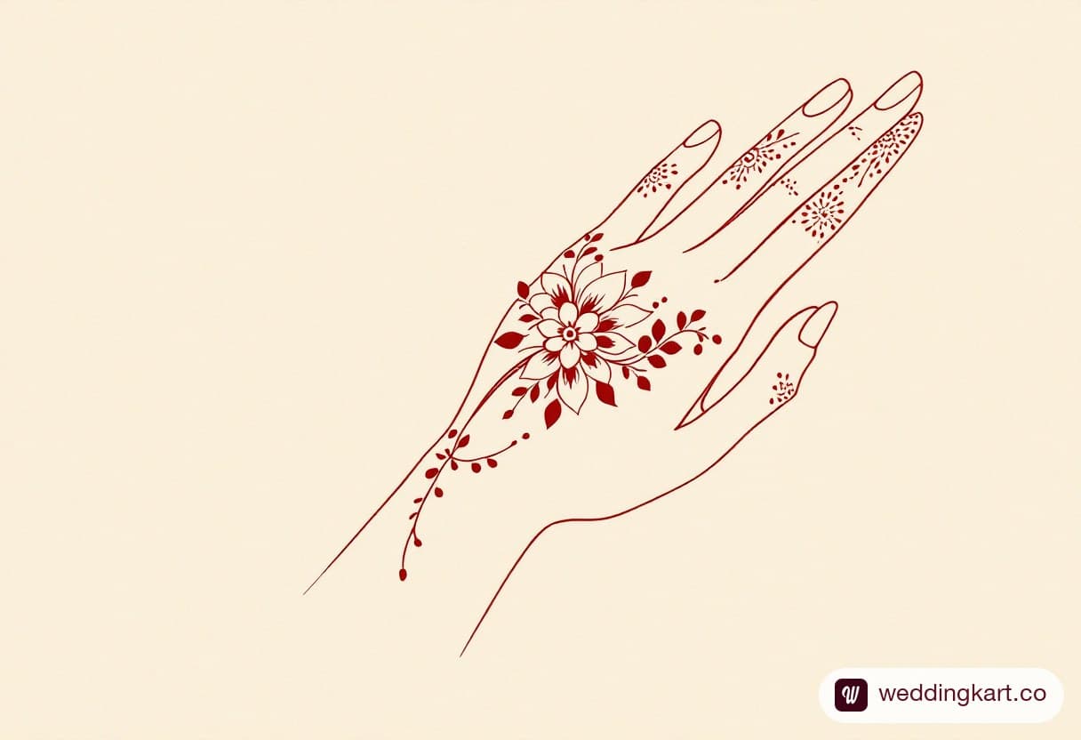 Modern simple mehndi design: slim crescent arc of henna flowers below the knuckles
