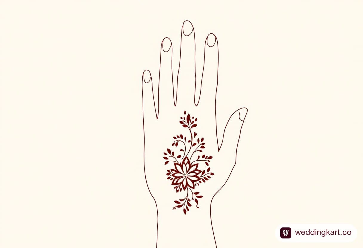 Simple mehndi ka design: slim floral trail from ring finger to wrist bone on the back of the hand