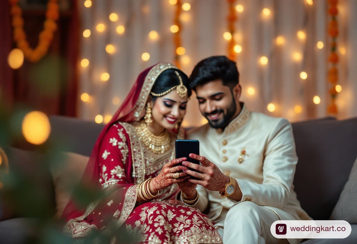 A bride and groom compose their wedding invitation together on one phone — where every wedding invitation maker journey starts
