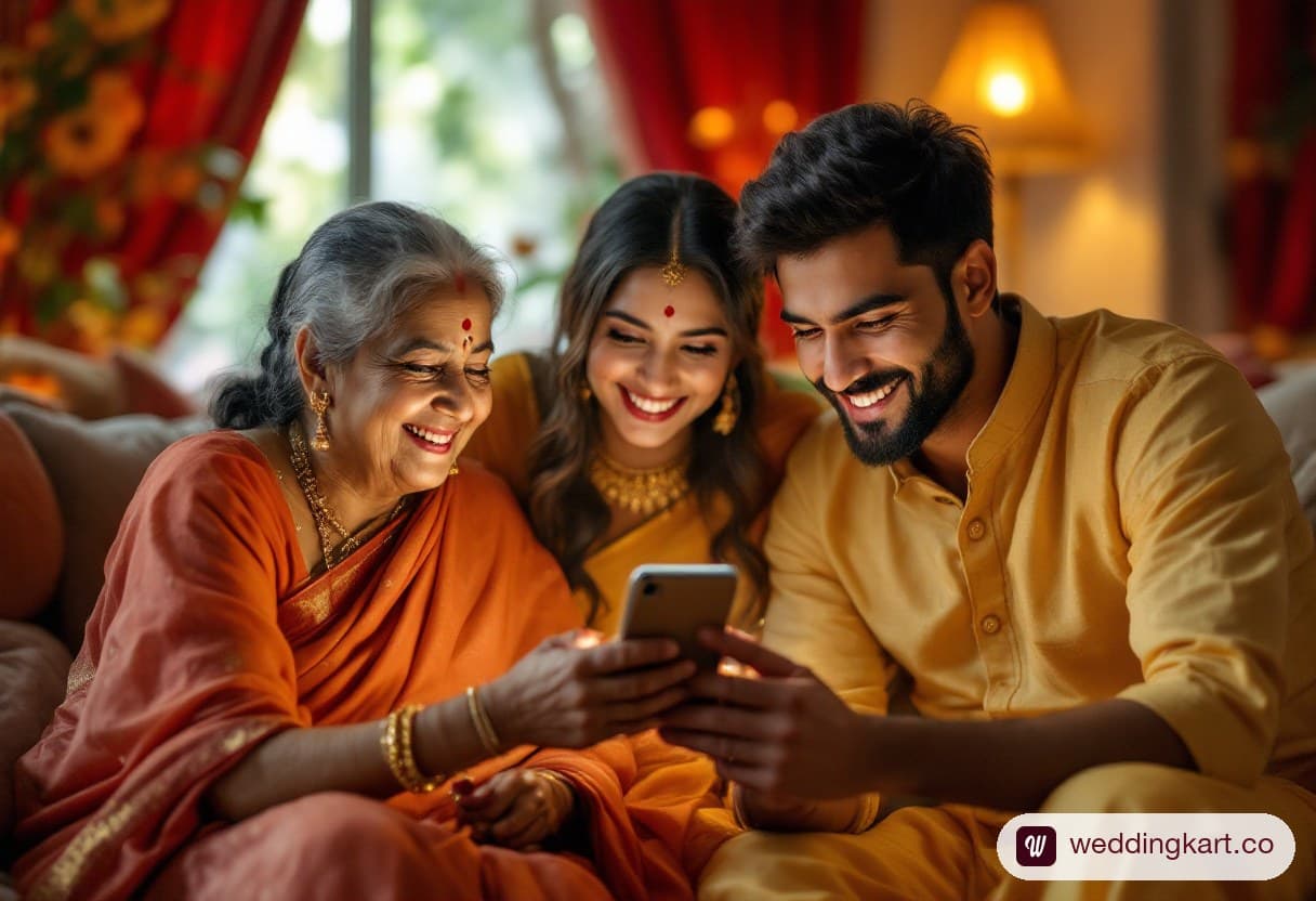 A multi-generational Indian family reads a wedding invitation together on one phone in a decorated living room