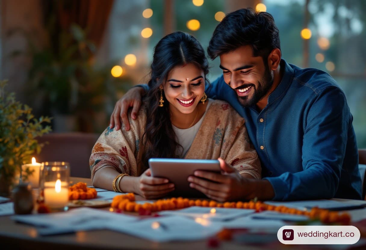 A couple checks live guest responses on a tablet at their dining table — a wedding invitation with RSVP doing its job