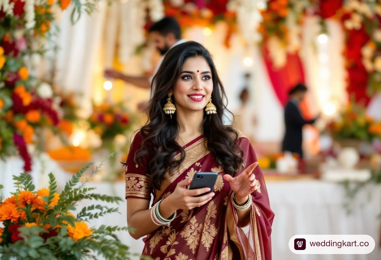 A wedding planner coordinates at a decorated venue with a phone in hand while the team arranges flowers