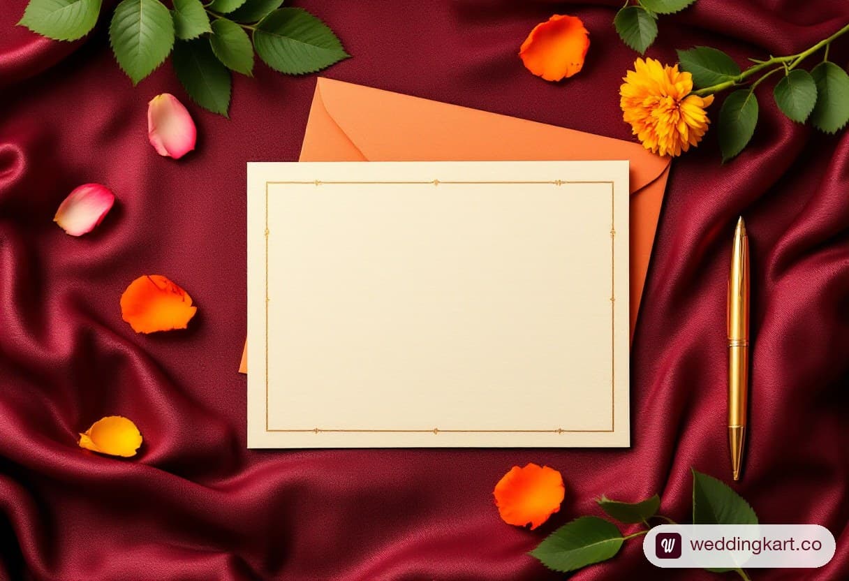 A blank cream and gold wedding RSVP card with its envelope and a fountain pen on maroon silk
