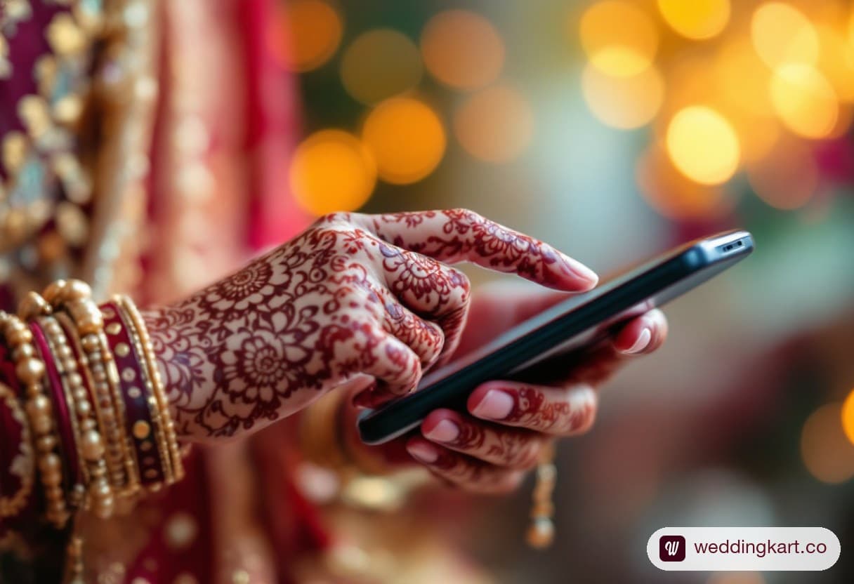 A hand with mehndi taps once on a phone screen — the one-tap WhatsApp alternative to a wedding RSVP card