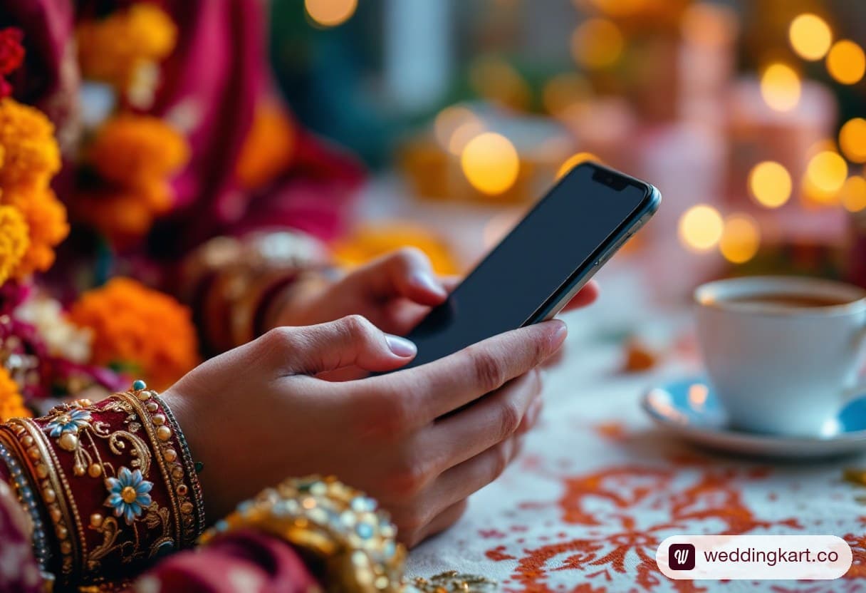 Hands holding a phone sending a WhatsApp wedding invitation, with festive wedding preparations in the background