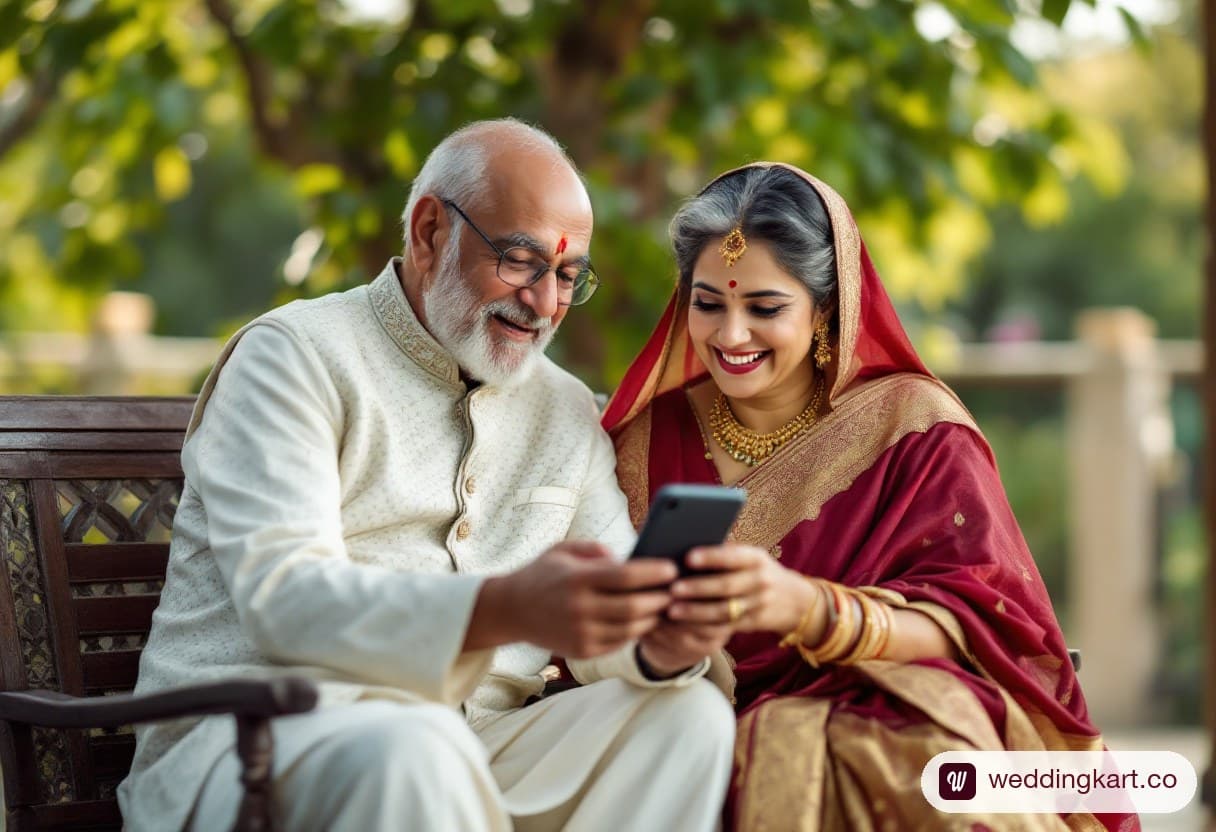 An elderly couple happily reading a WhatsApp wedding invitation together on a phone on their veranda