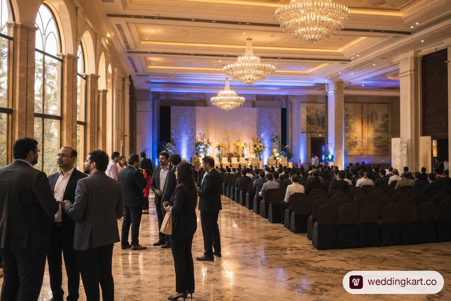 Event and entertainment industry professionals networking in a grand hotel ballroom set up for a convention, representing the EEMAGINE networking floor