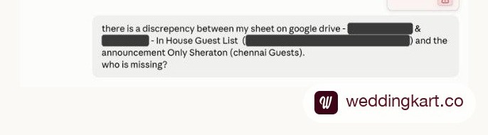 The planner’s actual question to Claude: there is a discrepancy between my sheet on Google Drive and the Only Sheraton announcement — who is missing? Names masked.
